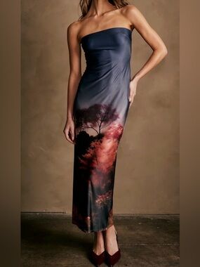 Katie May Strapless Maxi Dress in Navy with Sunset Print